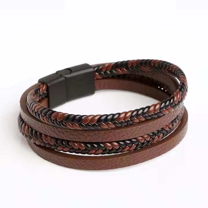●tow tow archive● Graphicos Leather Bracelet Dark Brown TB Dark Brown Braided Leather Bracelet, Silver Magnetic Clasp
