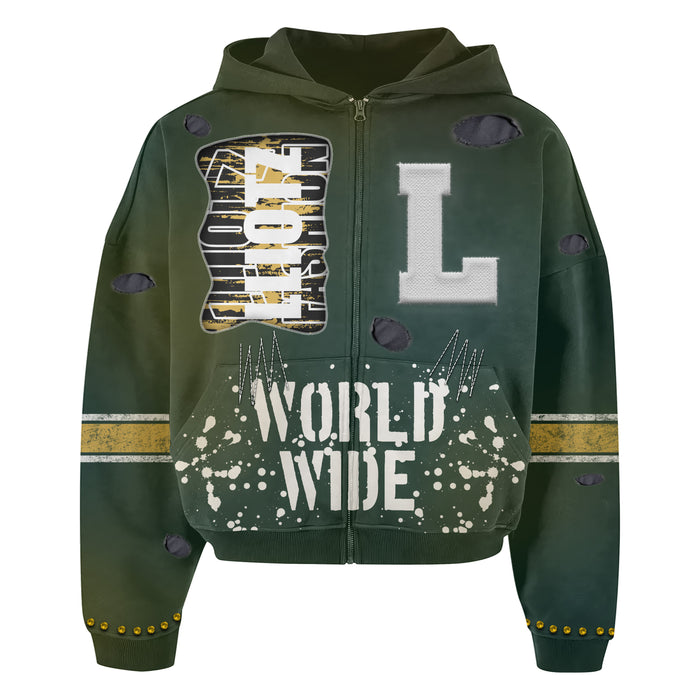 L WorldWide Zippers Hoodie W/ Rhinestones
