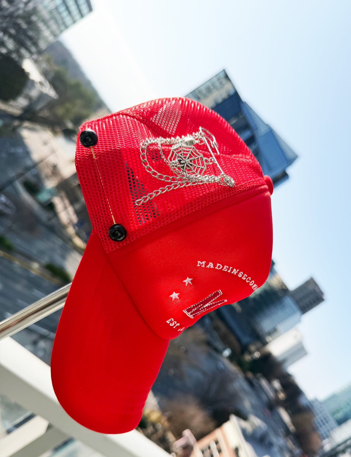 Made In Seconds Custom Red Trucker Hat with Accessories