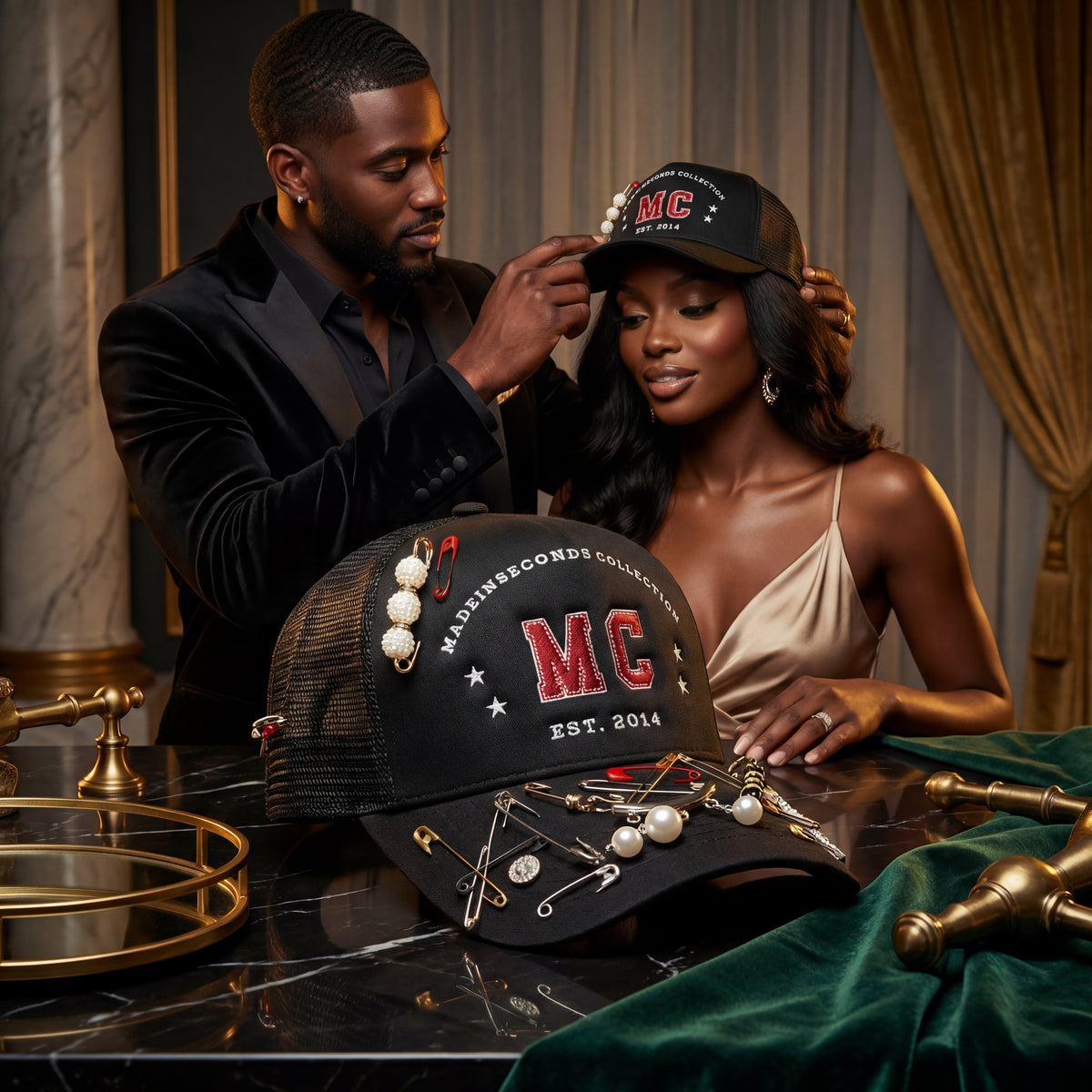 Made In Seconds Custom Black Trucker Hat with Accessories